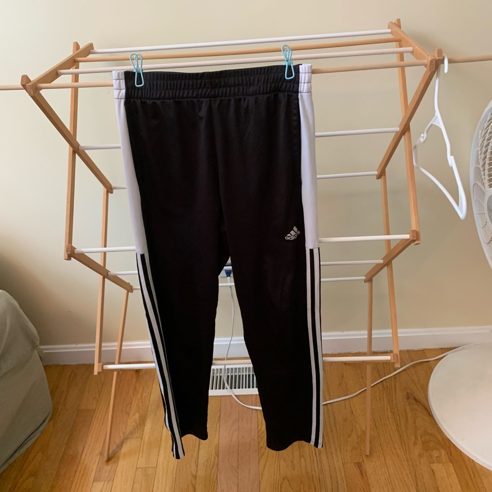 Adidas athletic pant size Lg 14/16 black and white three stripe.